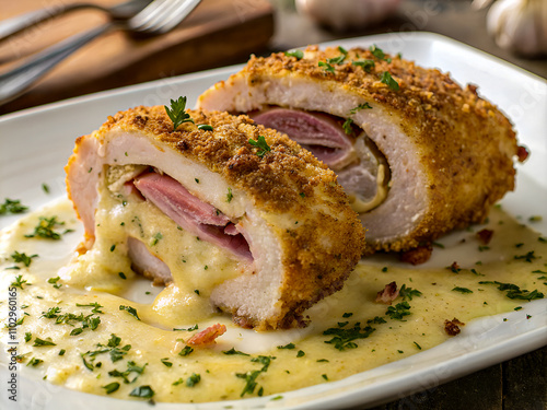 Delicious Chicken cordon bleu with a crispy breadcrumb coating, cut to reveal layers of ham and melted cheese, garnished with garlic butter sauce. Food Background photo
