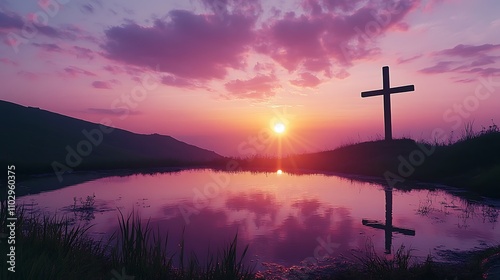 Silhouette of a cross on a hillside, outlined by the warm glow of an Easter sunrise, pastel pink and purple clouds reflecting on the surface of a tranquil pond,