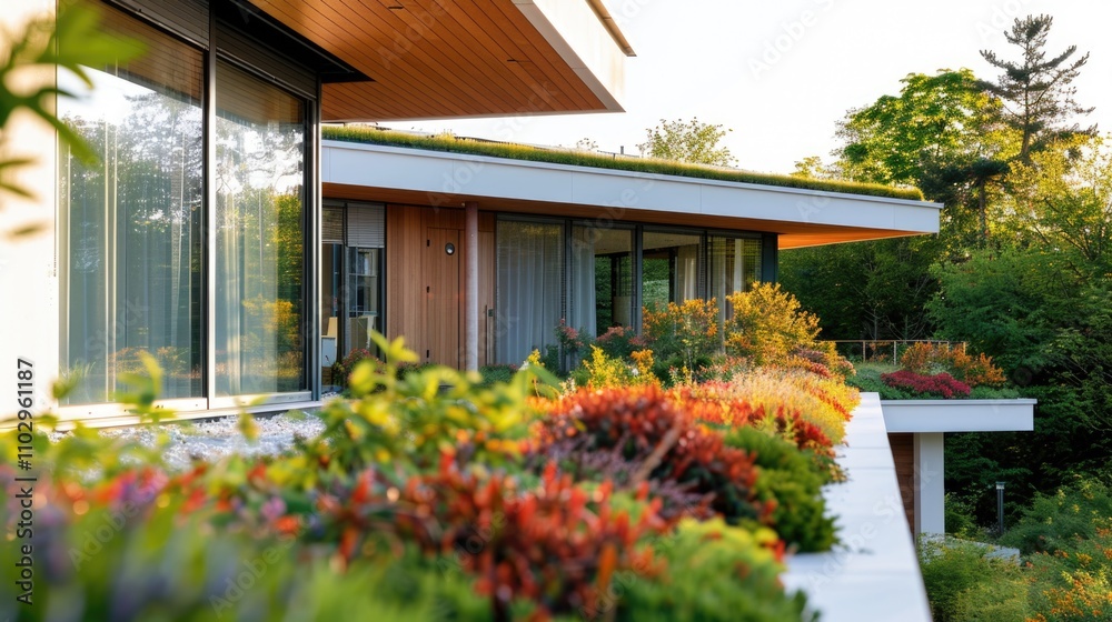 Modern Eco-Friendly House with Rooftop Garden at Sunrise Modern Eco-Friendly House with Rooftop Garden at Sunrise