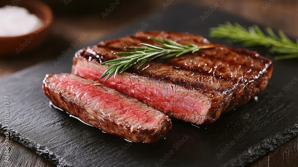 Juicy grilled steak with rosemary, served on a slate plate. Juicy grilled steak with rosemary, served on a slate plate.