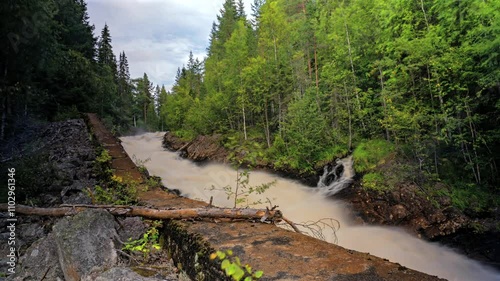 Hyperlapse footage of the Vangan River flowing in a lush woods during daytime in Brattfallet, Sweden photo