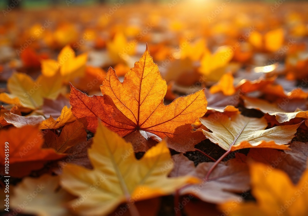 Bright autumn leaves covering a forest floor at sunset in vibrant orange and yellow hues Bright autumn leaves covering a forest floor at sunset in vibrant orange and yellow hues