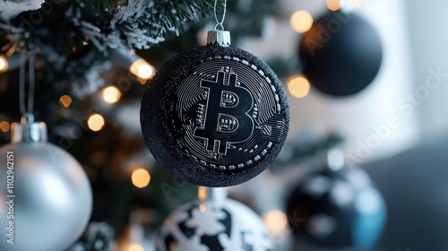 Bitcoin-themed christmas gift ornament holiday decor indoor close-up unique concept for celebrating cryptocurrency