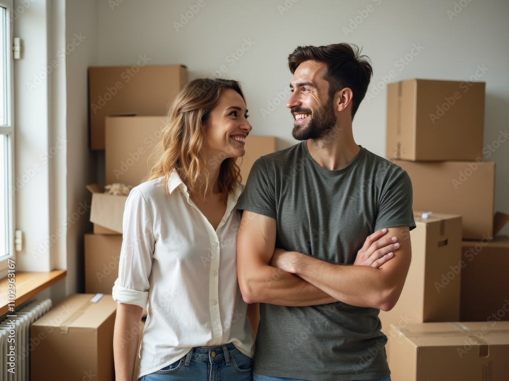 Happy Couple Smiling at Each Other While Standing in Front of Moving Boxes in Their New Apartment During Daylight Happy Couple Smiling at Each Other While Standing in Front of Moving Boxes in Their New Apartment During Daylight