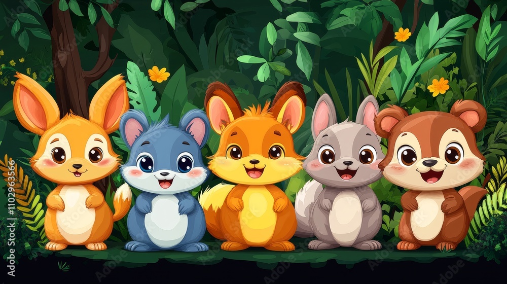 Naklejka premium children's illustrations, cartoon smiling cute animals in a row on forest background