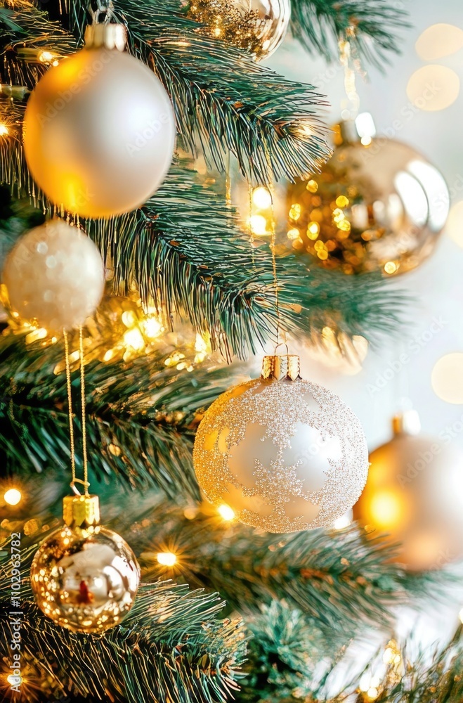 Festive Christmas Tree Decorated with Glittering Gold and White Ornaments Festive Christmas Tree Decorated with Glittering Gold and White Ornaments