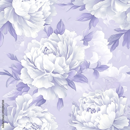Fototapeta Naklejka Na Ścianę i Meble -  Beautiful floral pattern featuring peonies in soft lavender hues on a pastel background