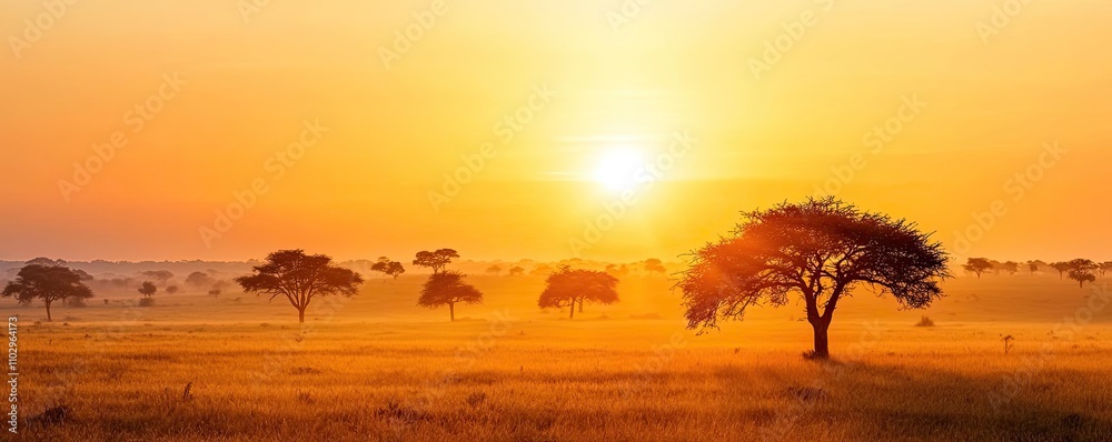 Sunset over a vast savannah with silhouettes of trees against an orange sky. Sunset over a vast savannah with silhouettes of trees against an orange sky.