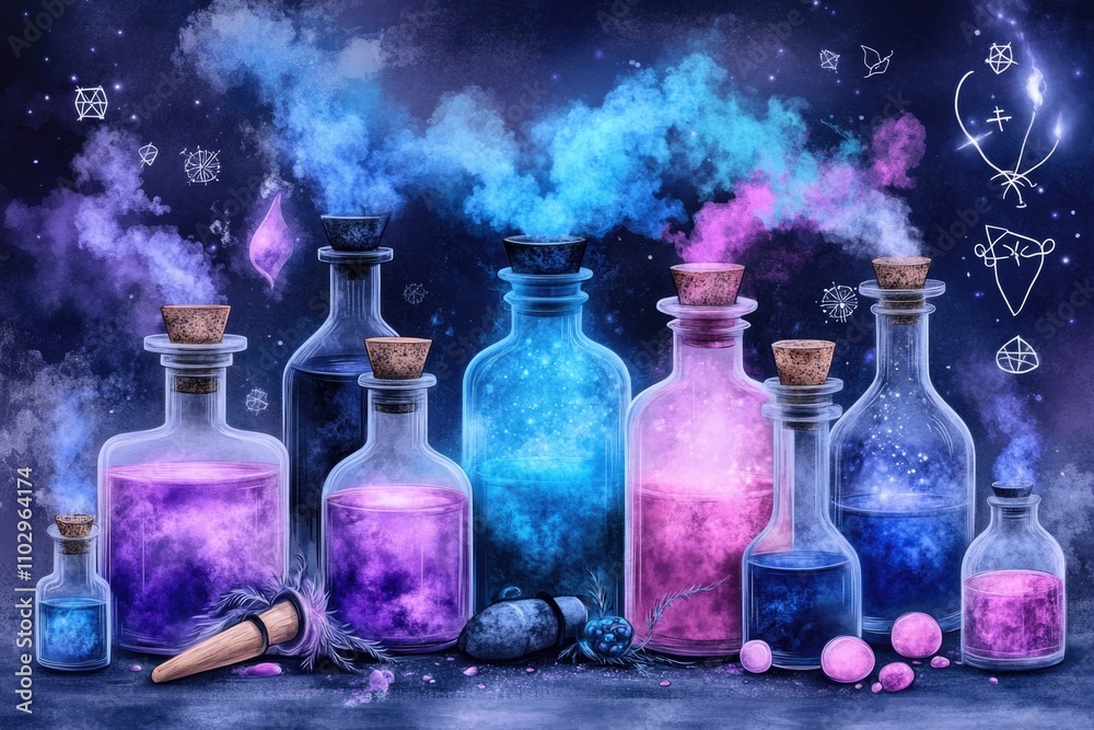 Mystical Magic Potion Bottles with Colorful Smoke on Dark Background Mystical Magic Potion Bottles with Colorful Smoke on Dark Background