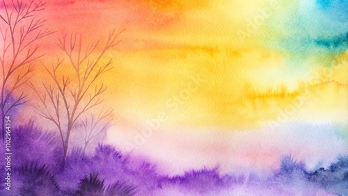 Vibrant watercolor sunset blending shades of pink, orange, and purple. A watercolor painting depicts a serene mountain lake at sunset. The sky is a vibrant blend of pink, purple, and orange hues