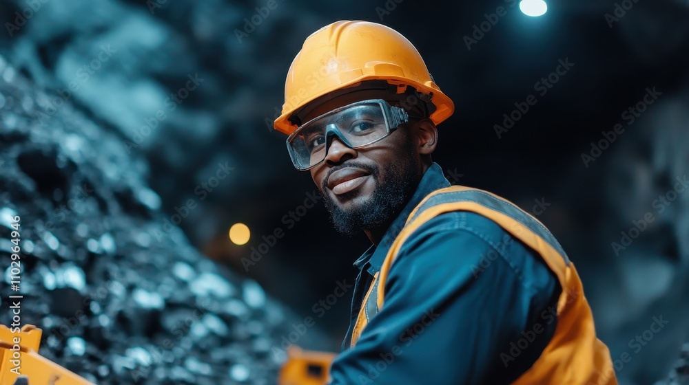 Hardworking miner in safety gear at underground coal mine Hardworking miner in safety gear at underground coal mine
