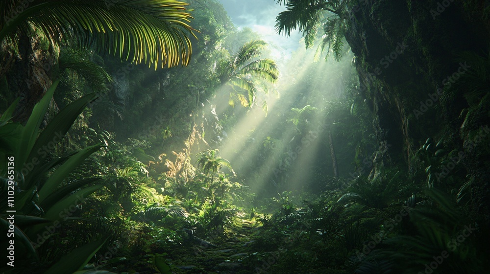 Sunbeams Illuminating a Lush Tropical Jungle Path Sunbeams Illuminating a Lush Tropical Jungle Path