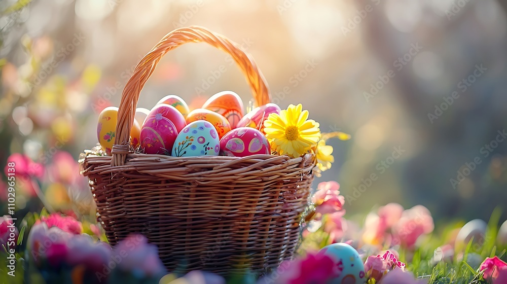 Artistic close-up of a handwoven Easter basket, filled with brightly painted eggs and wrapped candies, pastel flowers tucked in, sunlight streaming across the basket, Artistic close-up of a handwoven Easter basket, filled with brightly painted eggs and wrapped candies, pastel flowers tucked in, sunlight streaming across the basket,