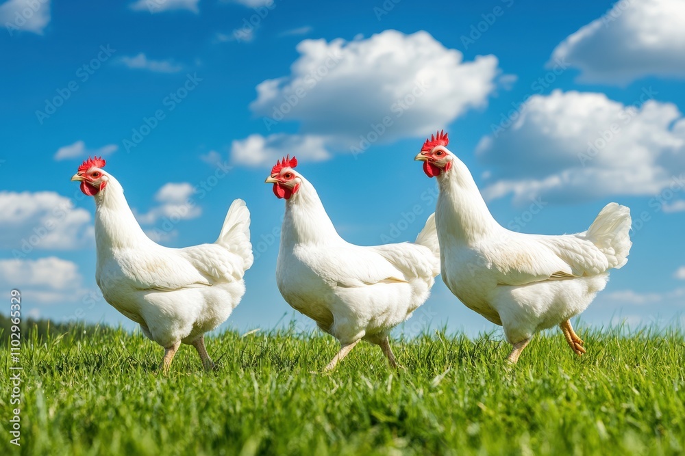 White poultry walking on the grass in blue sky background White poultry walking on the grass in blue sky background