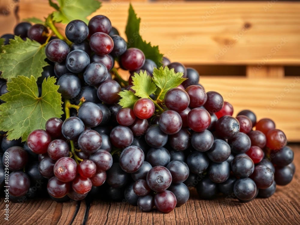 Close up of grapes in wooden crate on table with branch, focal point on bunch of grapes, harvest, juicy Close up of grapes in wooden crate on table with branch, focal point on bunch of grapes, harvest, juicy