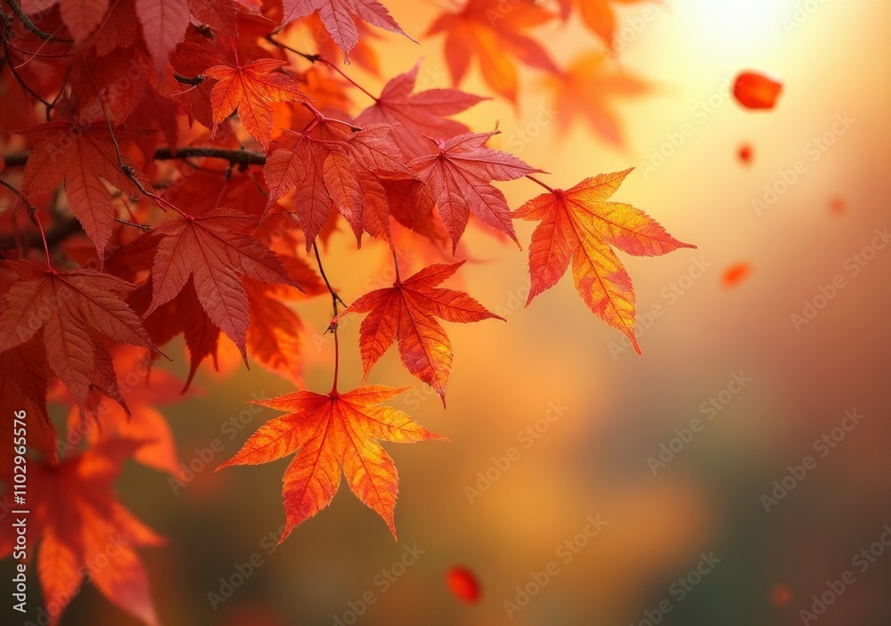 Colorful autumn leaves gently swaying in the breeze during sunset Colorful autumn leaves gently swaying in the breeze during sunset
