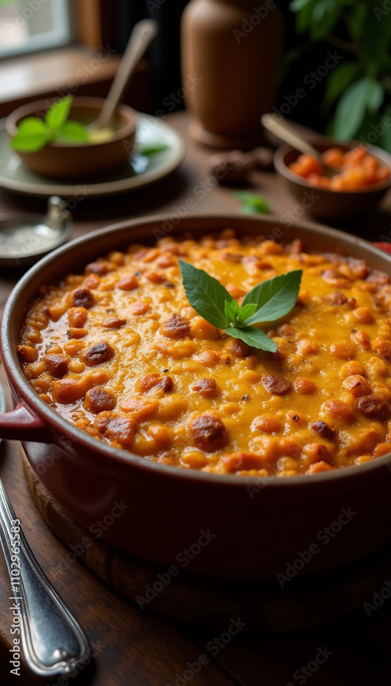 Fototapeta premium Casserole of bobotie on wooden table
