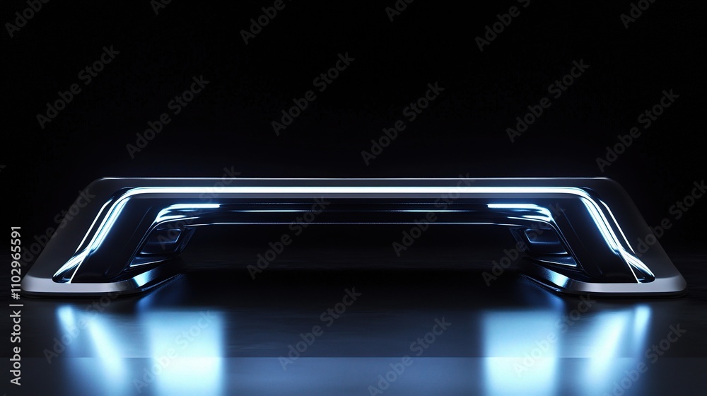 Futuristic Metallic Table with Ambient Light on Dark Background Futuristic Metallic Table with Ambient Light on Dark Background