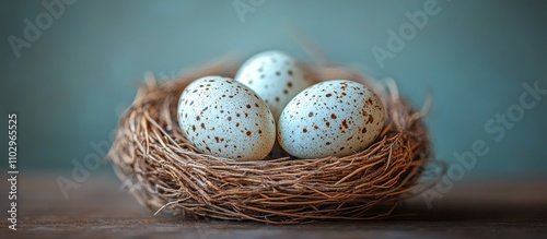 Quail eggs nestled in a natural nest creating a rustic composition on a wooden surface with a soft blue backdrop.