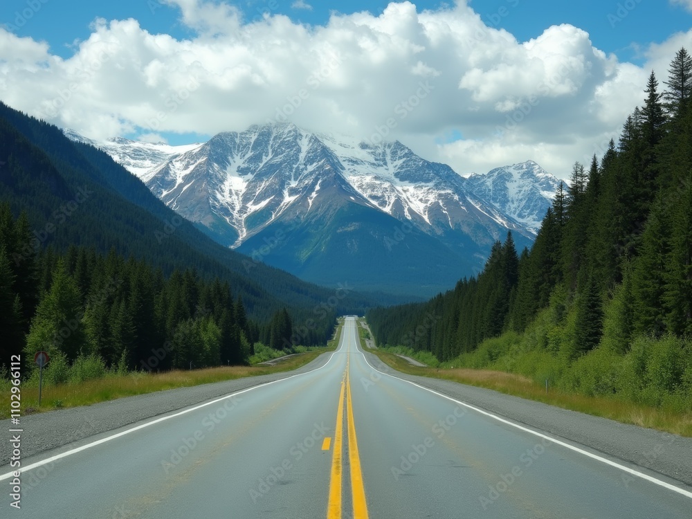 Scenic Mountain Highway Winding Through Lush Forests Under a Blue Sky With Fluffy Clouds in the Summer Scenic Mountain Highway Winding Through Lush Forests Under a Blue Sky With Fluffy Clouds in the Summer