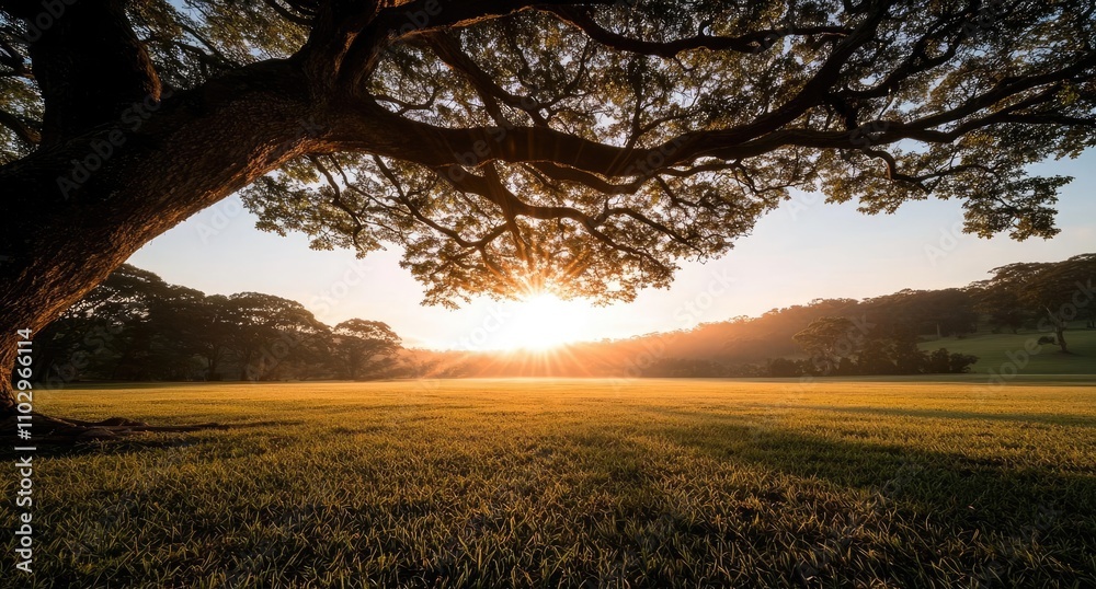 Majestic tree silhouette against a beautiful sunset on an open grassy field. Majestic tree silhouette against a beautiful sunset on an open grassy field.