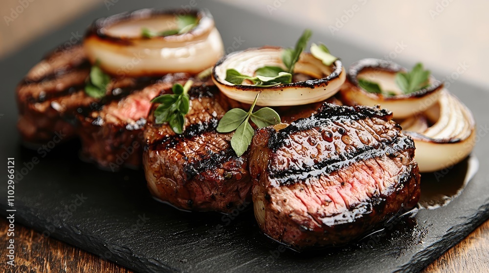 Grilled steak served with onions and garnished with herbs on a black slate plate. Grilled steak served with onions and garnished with herbs on a black slate plate.