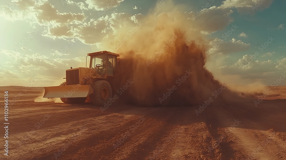 Fototapeta premium A massive bulldozer pushing a huge mound of dirt on a construction site, dust clouds rising from the ground, sunlight casting strong shadows, realistic textures of dirt and machinery,