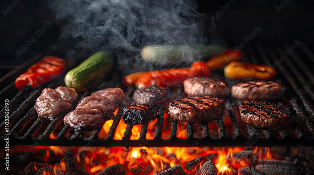 Grilled meats and vegetables on a barbecue grill with smoke rising. Grilled meats and vegetables on a barbecue grill with smoke rising.