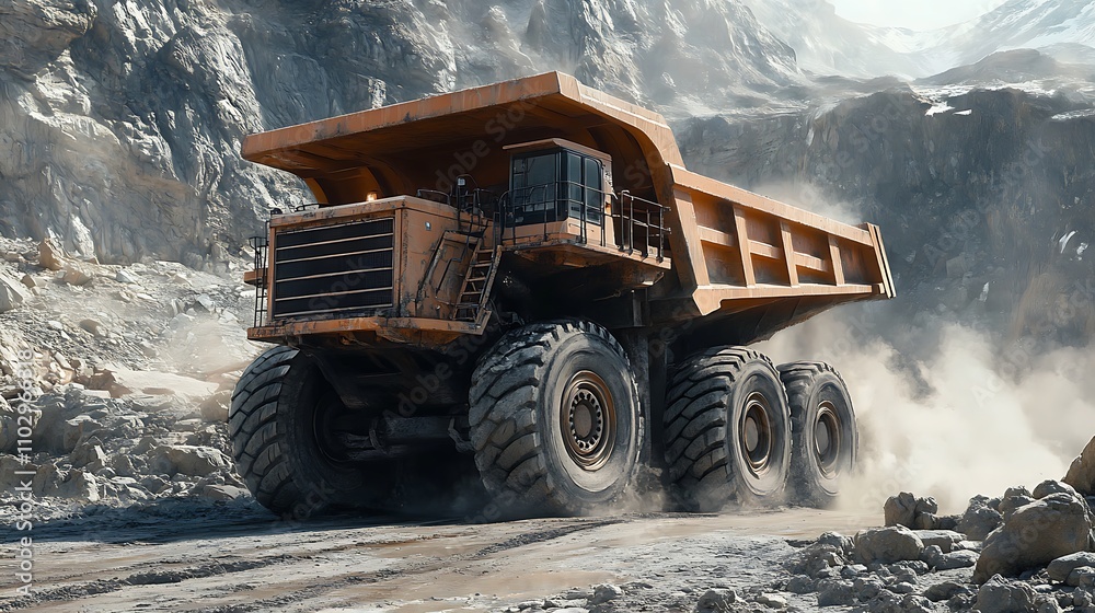 A massive dump truck hauling a full load of rocks in a quarry, rough terrain beneath, steep rocky walls in the background, dust clouds rising from the tires, intense sunlight casting sharp shadows, A massive dump truck hauling a full load of rocks in a quarry, rough terrain beneath, steep rocky walls in the background, dust clouds rising from the tires, intense sunlight casting sharp shadows,