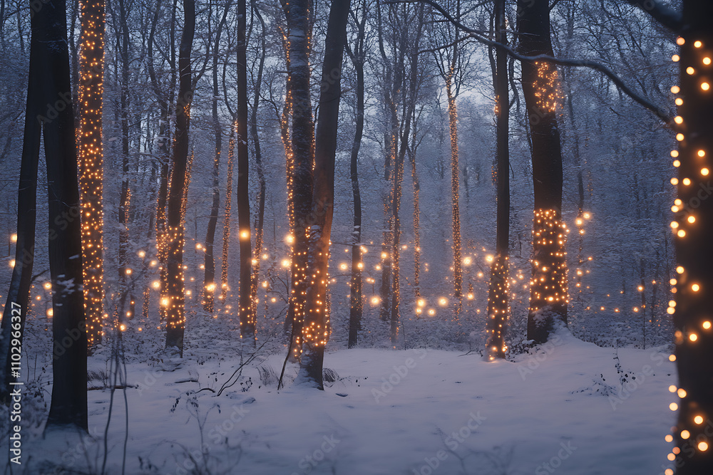 Obraz premium A magical snowy forest with glowing fairy lights, frosted trees, and a serene winter atmosphere, perfect for holiday and New Year themes