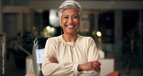 Happy, crossed arms and portrait of mature woman in office with confidence for corporate career. Smile, night and professional female attorney manager with positive attitude and pride for legal job.