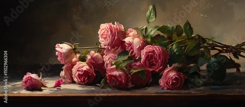 Elegant pink roses arrangement showcasing delicate beauty on rustic tabletop background in soft natural light.