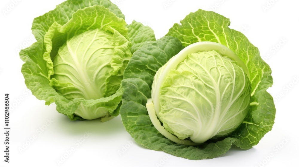 Fresh ripe cabbages with vibrant green leaves displayed against a clean white background for healthy food and agriculture concepts Fresh ripe cabbages with vibrant green leaves displayed against a clean white background for healthy food and agriculture concepts