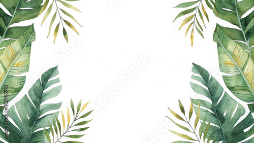 Watercolor vector banner tropical leaves isolated on a white background. Green leaves border watercolor. Fresh green leaves frame. Tropical leaves foliage plant bush floral arrangement nature