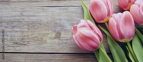 Pink tulips arranged elegantly on a rustic wooden surface perfect for spring-themed designs and floral inspiration