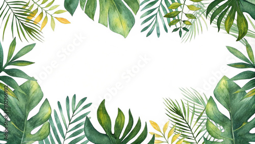Watercolor vector banner tropical leaves isolated on a white background. Green leaves border watercolor. Fresh green leaves frame. Tropical leaves foliage plant bush floral arrangement nature