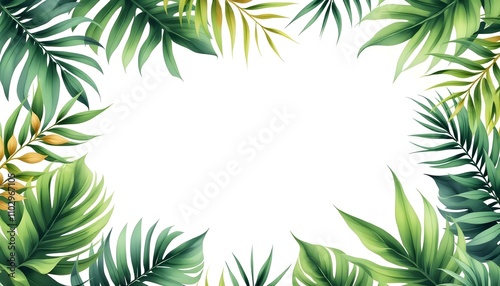 Watercolor vector banner tropical leaves isolated on a white background. Green leaves border watercolor. Fresh green leaves frame. Tropical leaves foliage plant bush floral arrangement nature