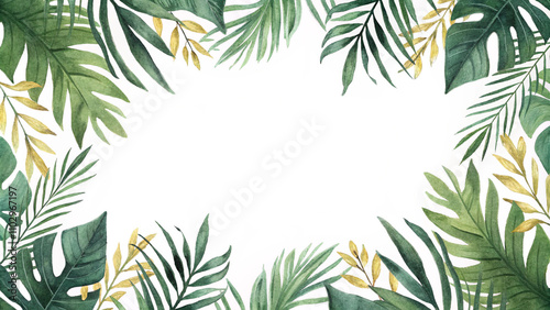 Watercolor vector banner tropical leaves isolated on a white background. Green leaves border watercolor. Fresh green leaves frame. Tropical leaves foliage plant bush floral arrangement nature