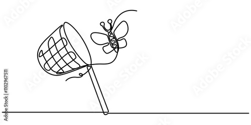 Continuous one line drawing black and white picture of insect net for children's cartoon coloring, man in a panama hat with a butterfly net behind his back is walking - one line drawing. butterfly.