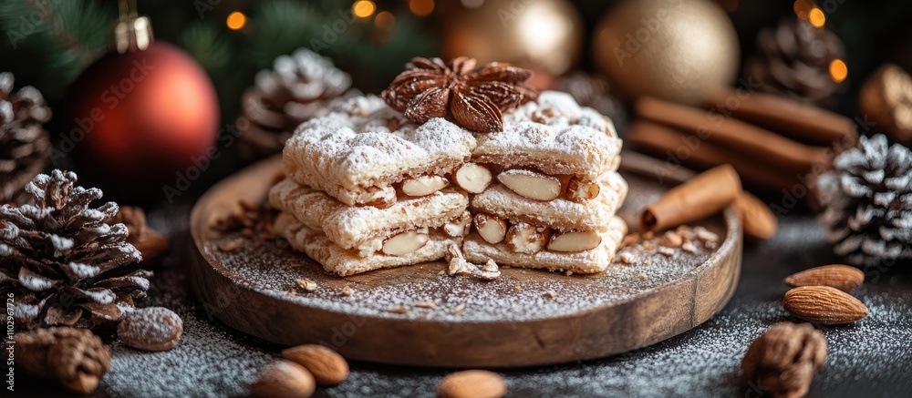 Ricciarelli almond pastries on wooden board surrounded by Christmas ornaments pine cones and spices festive holiday treat concept Ricciarelli almond pastries on wooden board surrounded by Christmas ornaments pine cones and spices festive holiday treat concept