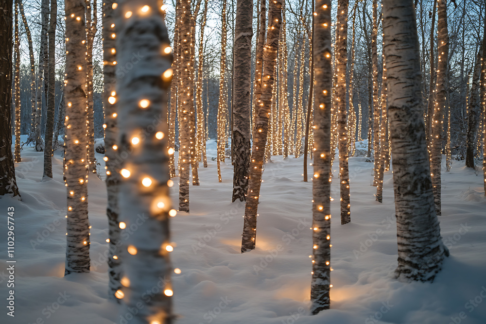 Obraz premium A magical snowy forest with glowing fairy lights, frosted trees, and a serene winter atmosphere, perfect for holiday and New Year themes