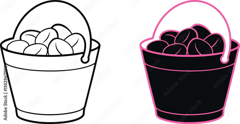 Two Buckets of Coffee Beans Line Art and Silhouette Two Buckets of Coffee Beans Line Art and Silhouette