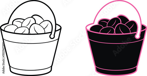 Two Buckets of Coffee Beans Line Art and Silhouette