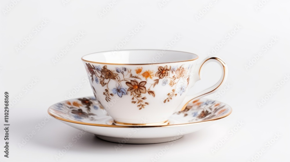 Fototapeta premium Vintage porcelain tea cup and saucer with floral design isolated on white background showcasing retro elegance and classic charm.