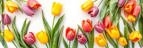 Colorful tulip flowers arranged in a botanical border frame for Easter celebration, featuring a mix of vibrant hues and green leaves on a white background, tulip, vibrant