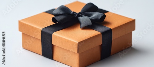 Elegant Orange Gift Box with Black Satin Ribbon Decorated on Standard White Background for Celebratory Occasions and Presentations