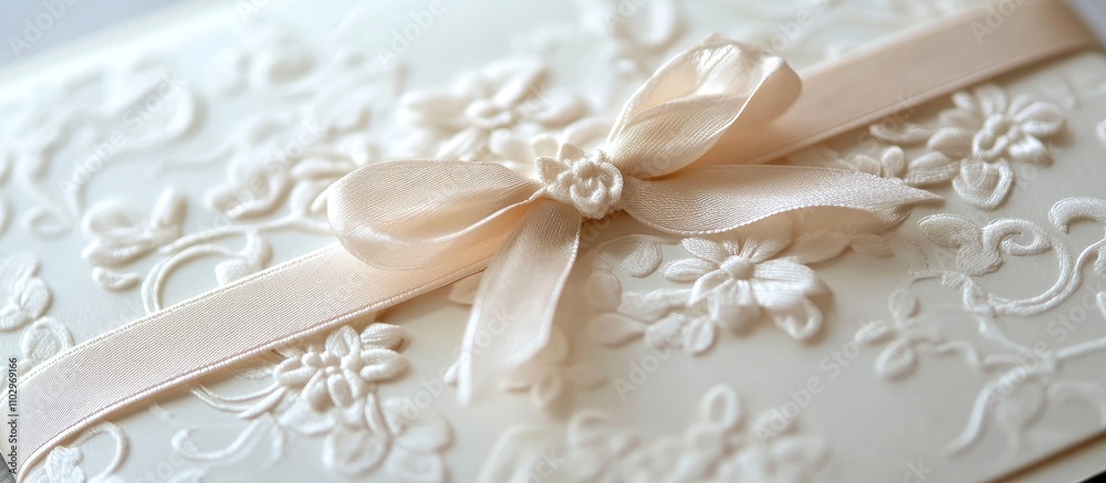 Elegant wedding invitation featuring embossed floral design and delicate ribbon embellishment for sophisticated celebrations. Elegant wedding invitation featuring embossed floral design and delicate ribbon embellishment for sophisticated celebrations.