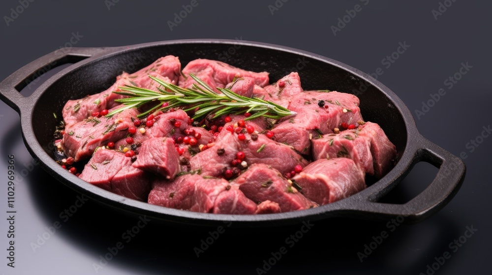 Raw beef chunks seasoned with thyme and pepper in a black ceramic pan isolated on a white background for culinary presentations and recipes. Raw beef chunks seasoned with thyme and pepper in a black ceramic pan isolated on a white background for culinary presentations and recipes.