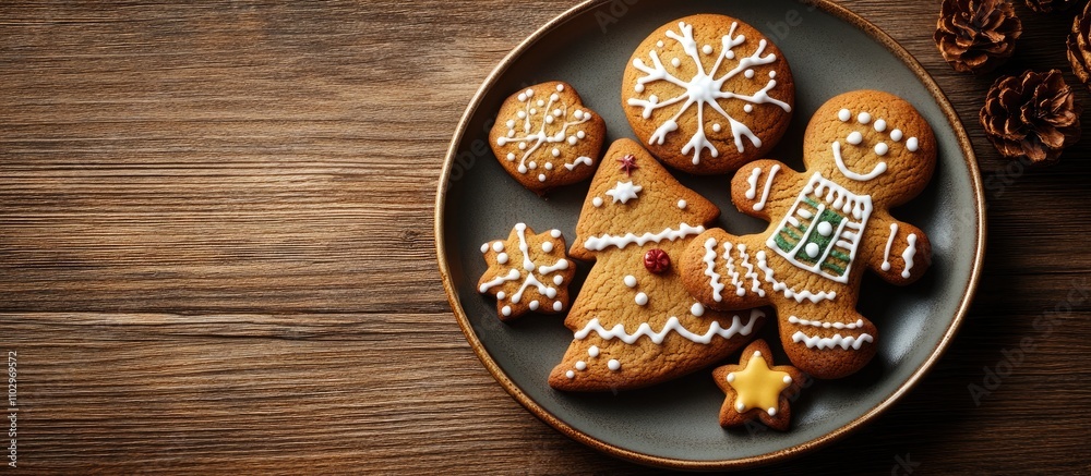 Festive cookies on a wooden table top view featuring gingerbread man, tree, star and sock shapes decorated for Christmas celebration