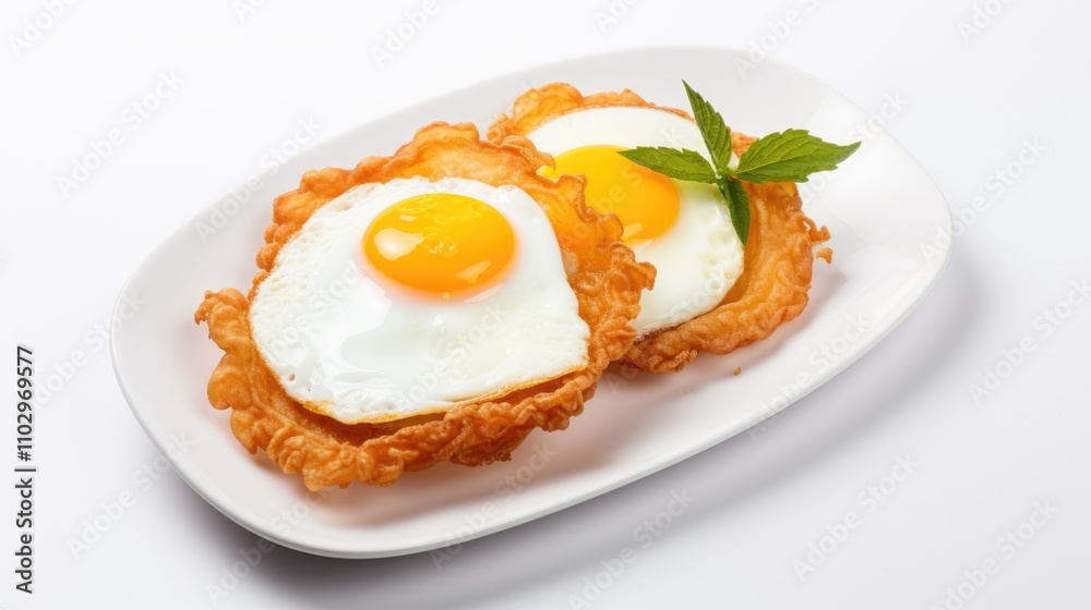 Crispy Thai deep fried eggs served on a white plate garnished with fresh mint leaves for a delicious culinary presentation Crispy Thai deep fried eggs served on a white plate garnished with fresh mint leaves for a delicious culinary presentation